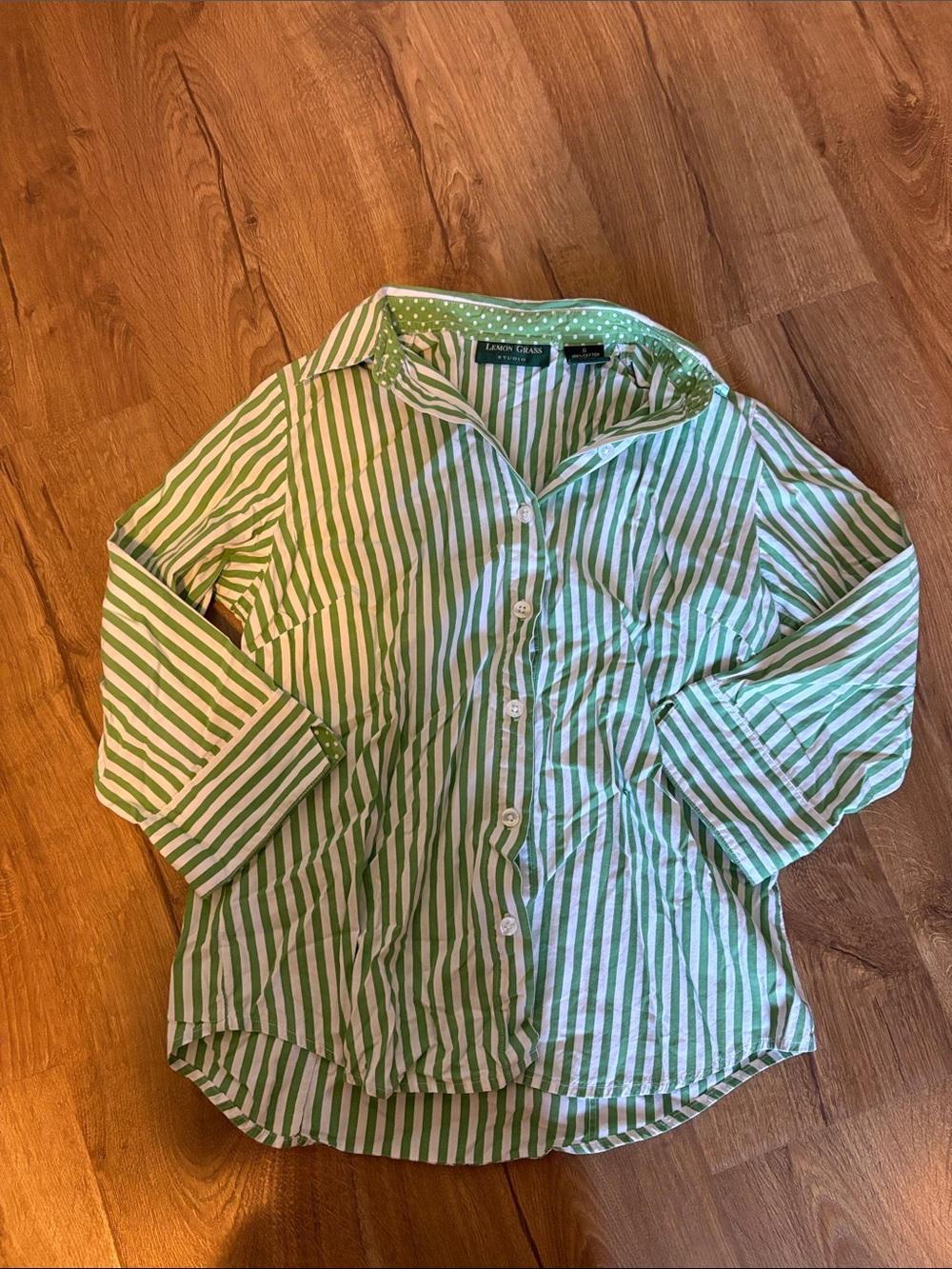 Lemon grass studio  Green & White Vertical Stripe Button-Down Shirt